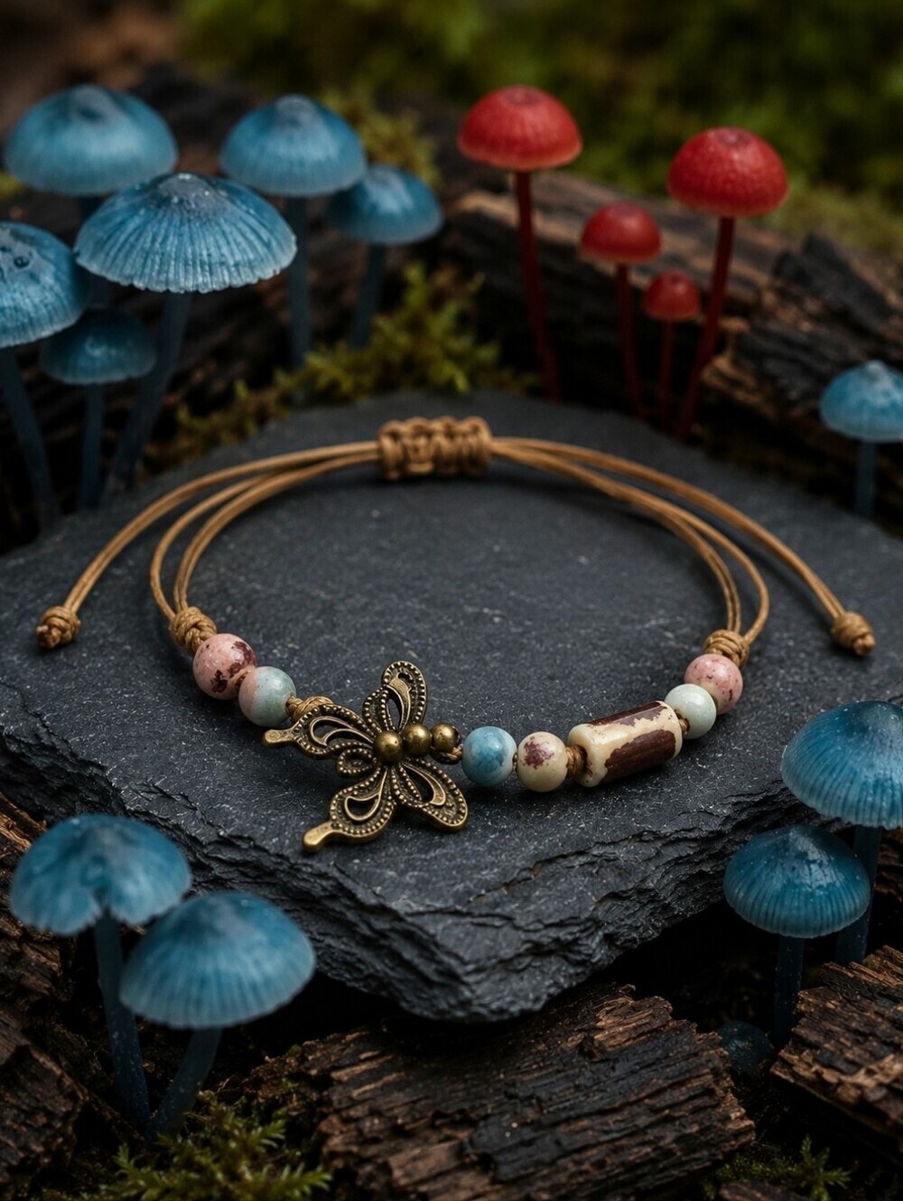 Boho Cottagecore Earthy Beaded Macrame Butterfly Charm Adjustable Cord Bracelet